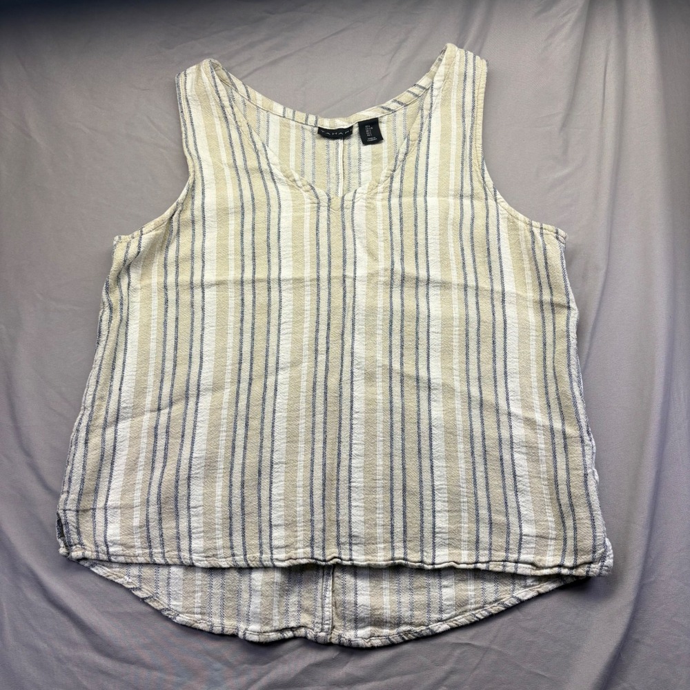 Tahari Sleeveless Striped‎ V-Neck Tank Top Beige Blue Linen Blend Relaxed Fit L